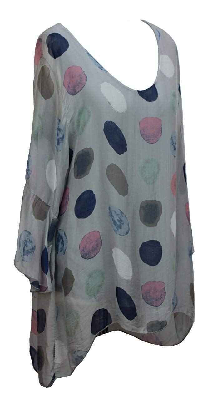 BZNA Seiden Tunika Hellgrau Grau Bluse mit Punkten pünktchen Muster Seidentunika Trompeten Ärmel 36 40 42 one size Damen Dress Oberteil elegant