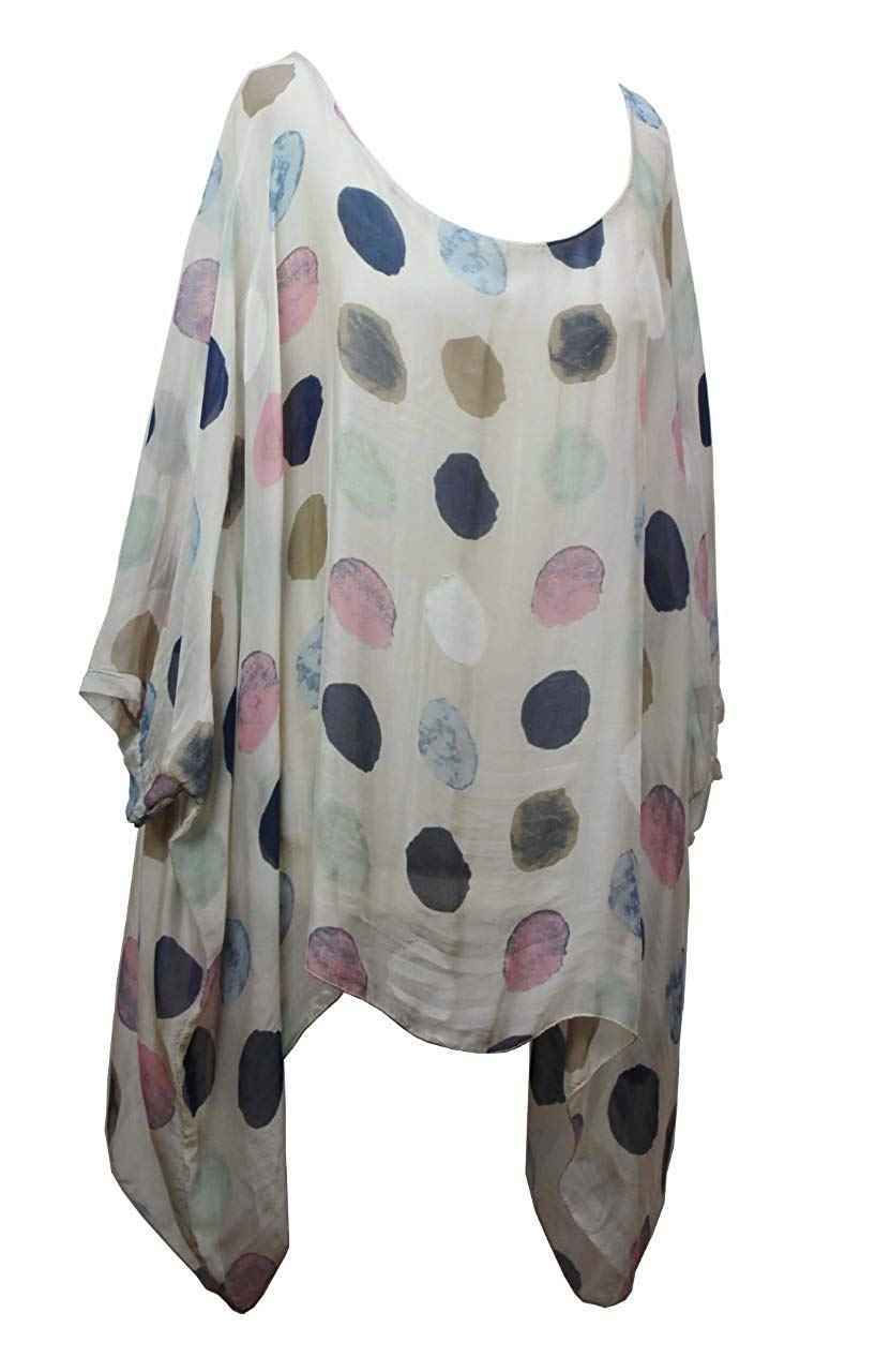 BZNA Seiden Tunika Beige Bluse mit Punkten pünktchen Muster Seidentunika Fledermaus Ärmel 38 40 42 44 46 one size Damen Dress Oberteil elegant