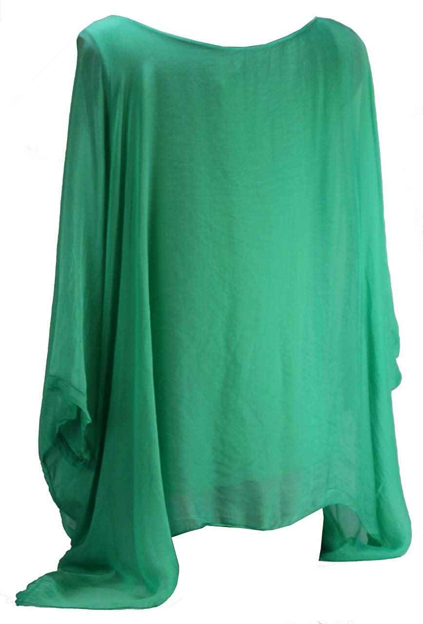 BZNA Seiden Tunika Grün Bluse mit Punkten pünktchen Muster Seidentunika Fledermaus Ärmel 38 40 42 44 one size Damen Dress Oberteil elegant