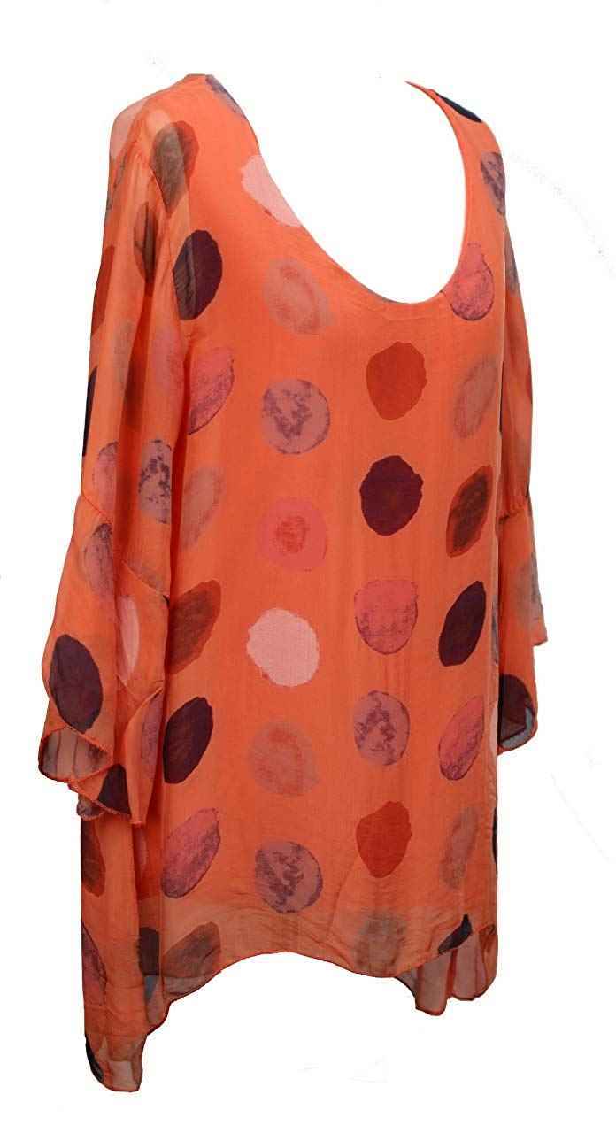 BZNA Seiden Tunika Orange Bluse mit Punkten pünktchen Muster Seidentunika Trompeten Ärmel 36 40 42 one size Damen Dress Oberteil elegant