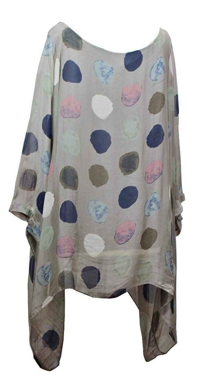 BZNA Seiden Tunika Hellbraun Braun Bluse mit Punkten Muster Seidentunika Fledermaus one size Damen Dress Oberteil elegant