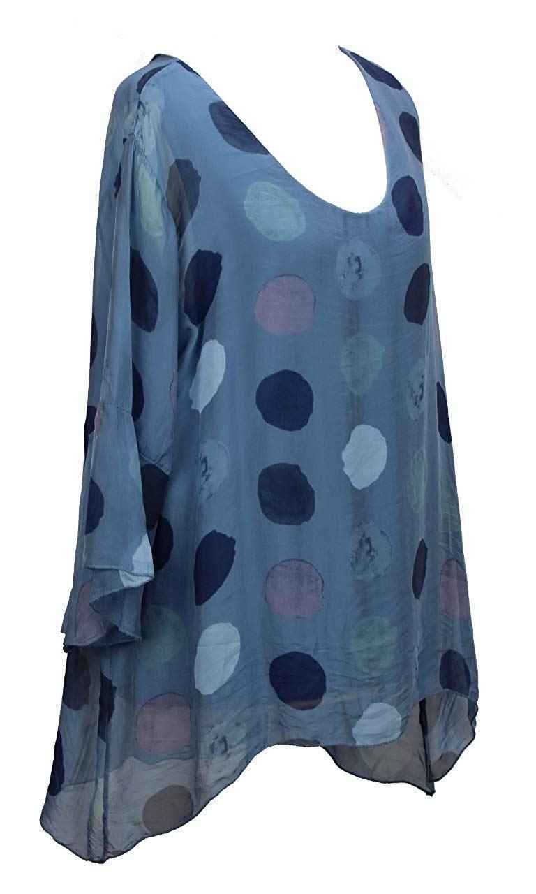 BZNA Seiden Tunika Blau Bluse mit Punkten pünktchen Muster Seidentunika Trompeten Ärmel 36 40 42 one size Damen Dress Oberteil elegant