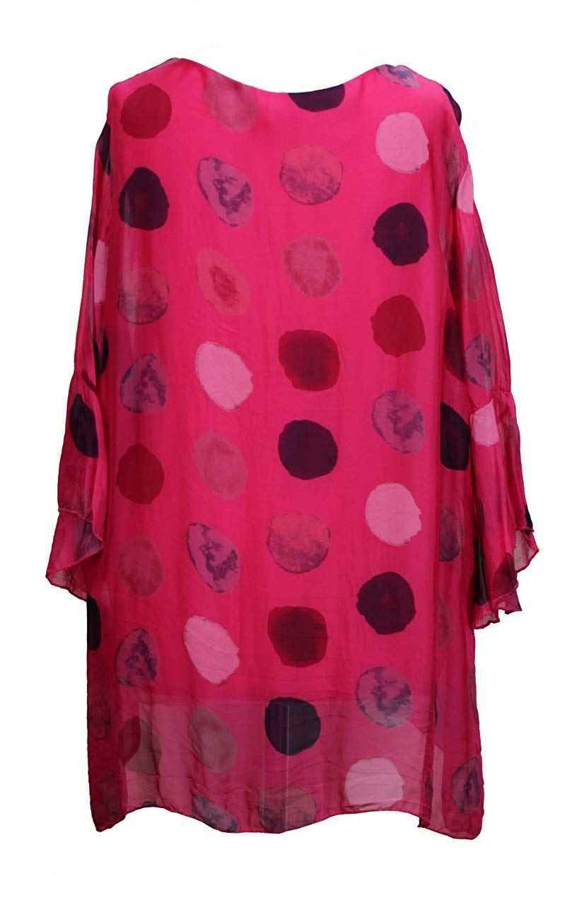 BZNA Seiden Tunika Fuxia Pink Bluse mit Punkten pünktchen Muster Seidentunika Trompeten Ärmel 36 40 42 one size Damen Dress Oberteil elegant