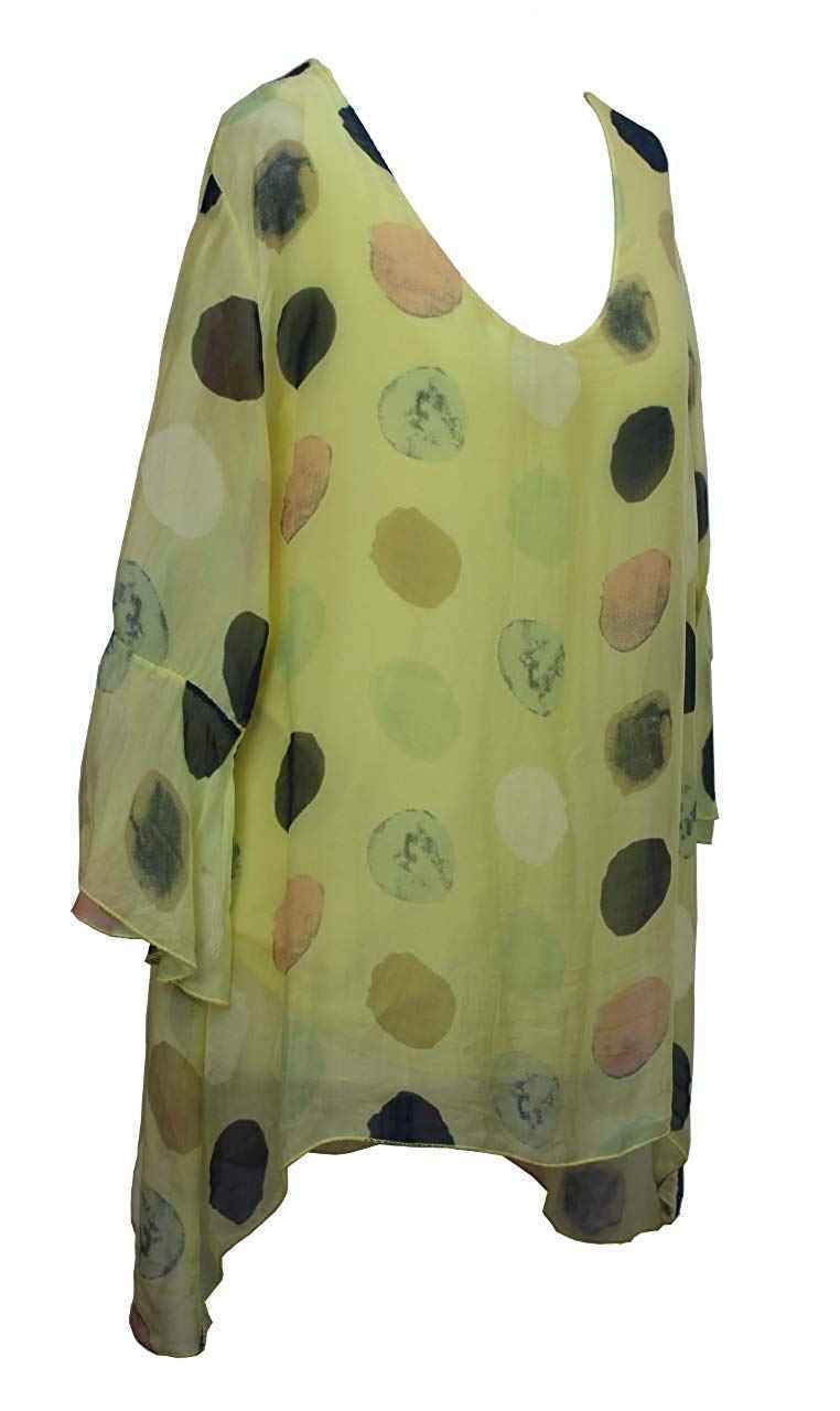 BZNA Seiden Tunika Gelb Bluse mit Punkten pünktchen Muster Seidentunika Trompeten Ärmel 36 40 42 one size Damen Dress Oberteil elegant
