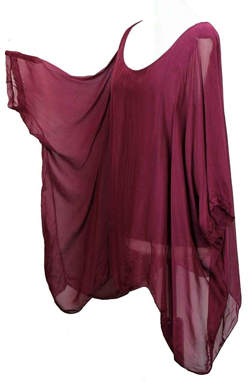 BZNA Seiden Tunika Weinrot Bluse mit Punkten pünktchen Muster Seidentunika Fledermaus Ärmel 38 40 42 44 one size Damen Dress Oberteil elegant