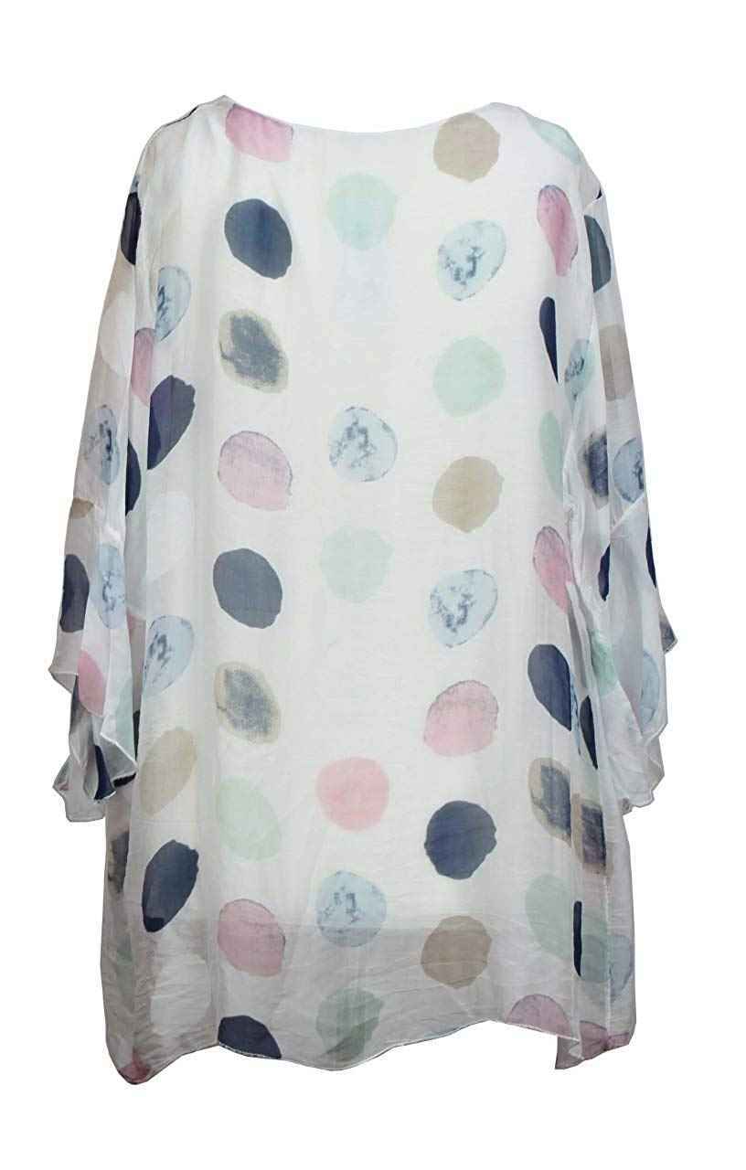 BZNA Seiden Tunika Weiß Bluse mit Punkten pünktchen Muster Seidentunika Trompeten Ärmel 36 40 42 one size Damen Dress Oberteil elegant