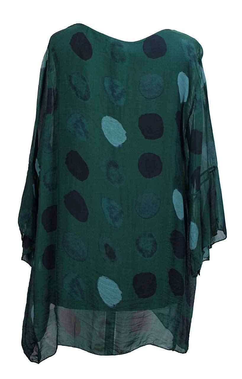 BZNA Seiden Tunika Dunkelgrün Grün Bluse mit Punkten pünktchen Muster Seidentunika Trompeten Ärmel 36 40 42 one size Damen Dress Oberteil elegant