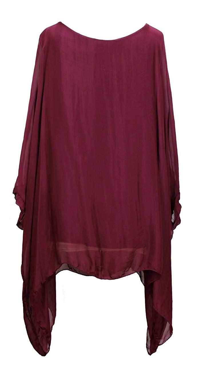 BZNA Seiden Tunika Weinrot Bluse mit Punkten pünktchen Muster Seidentunika Fledermaus Ärmel 38 40 42 44 one size Damen Dress Oberteil elegant