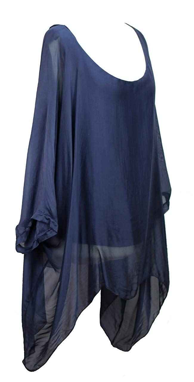 BZNA Seiden Tunika Mittelblau Blau Bluse mit Punkten pünktchen Muster Seidentunika Fledermaus Ärmel 38 40 42 44 one size Damen Dress Oberteil elegant