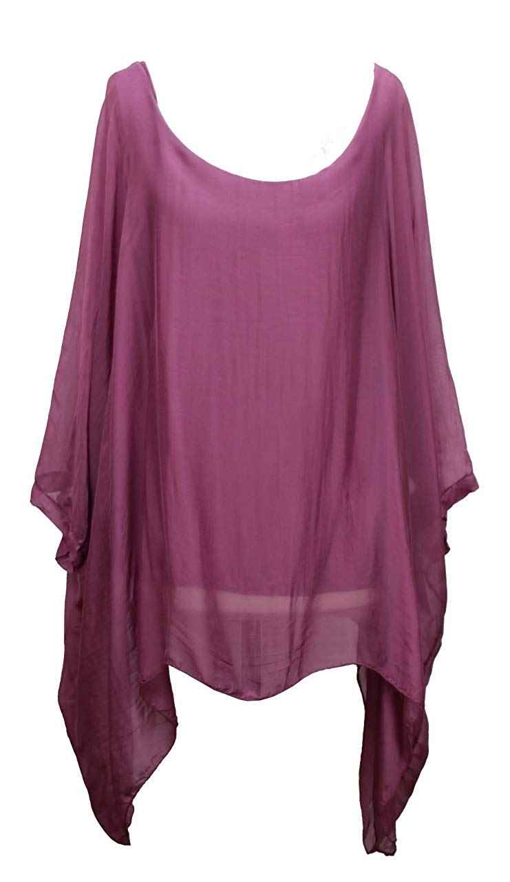 BZNA Seiden Tunika Flieder Bluse mit Punkten pünktchen Muster Seidentunika Fledermaus Ärmel 38 40 42 44 one size Damen Dress Oberteil elegant