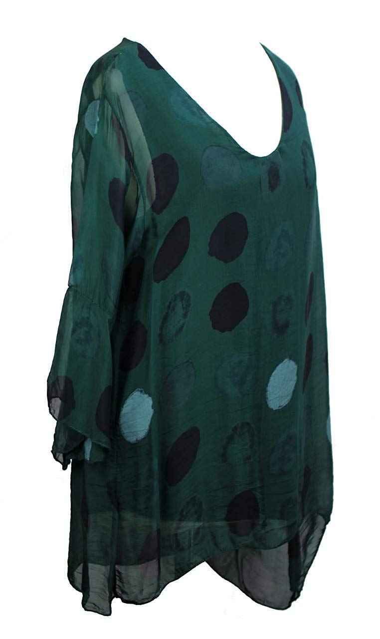 BZNA Seiden Tunika Dunkelgrün Grün Bluse mit Punkten pünktchen Muster Seidentunika Trompeten Ärmel 36 40 42 one size Damen Dress Oberteil elegant