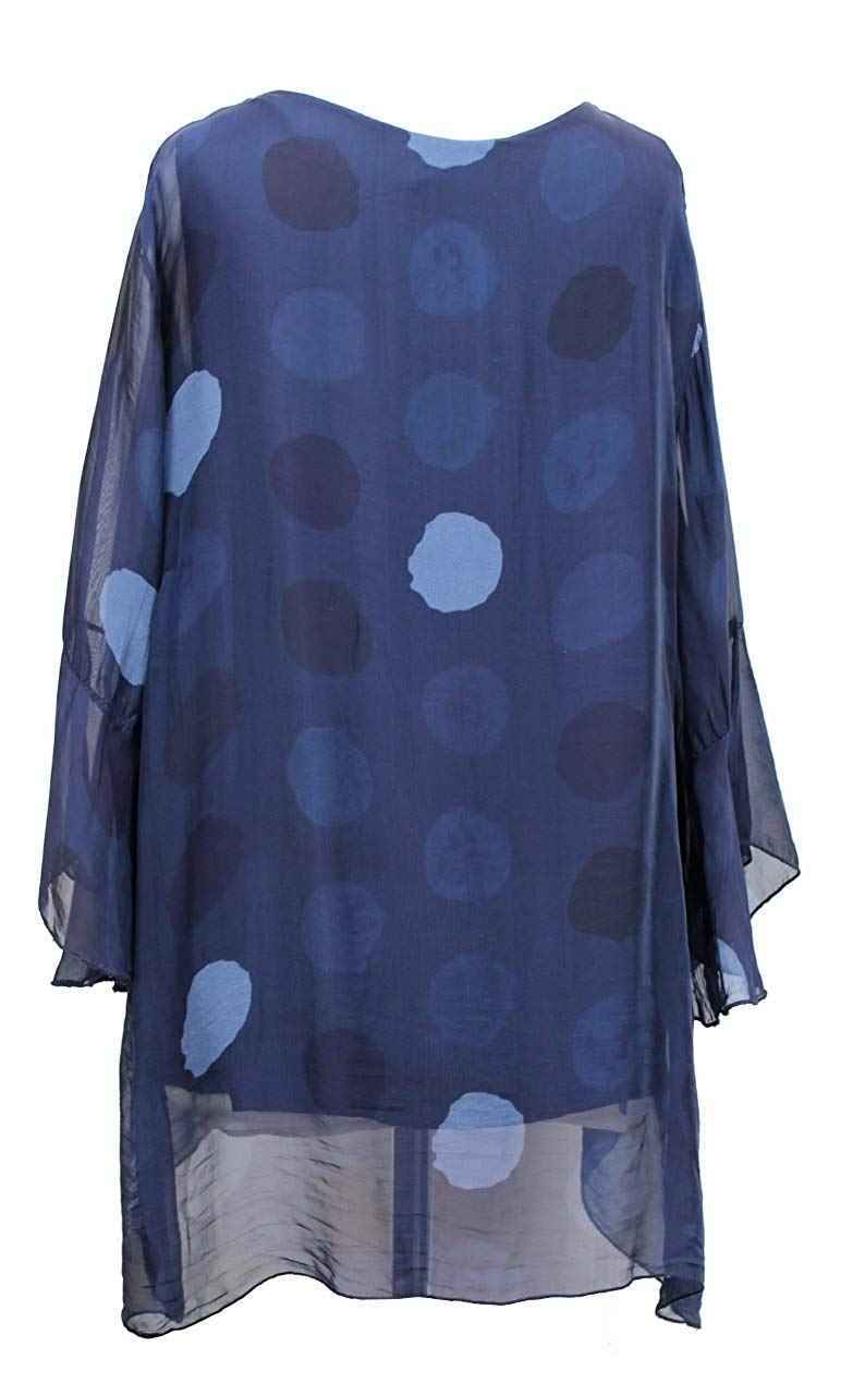 BZNA Seiden Tunika Dunkelblau Blau Bluse mit Punkten pünktchen Muster Seidentunika Trompeten Ärmel 36 40 42 one size Damen Dress Oberteil elegant