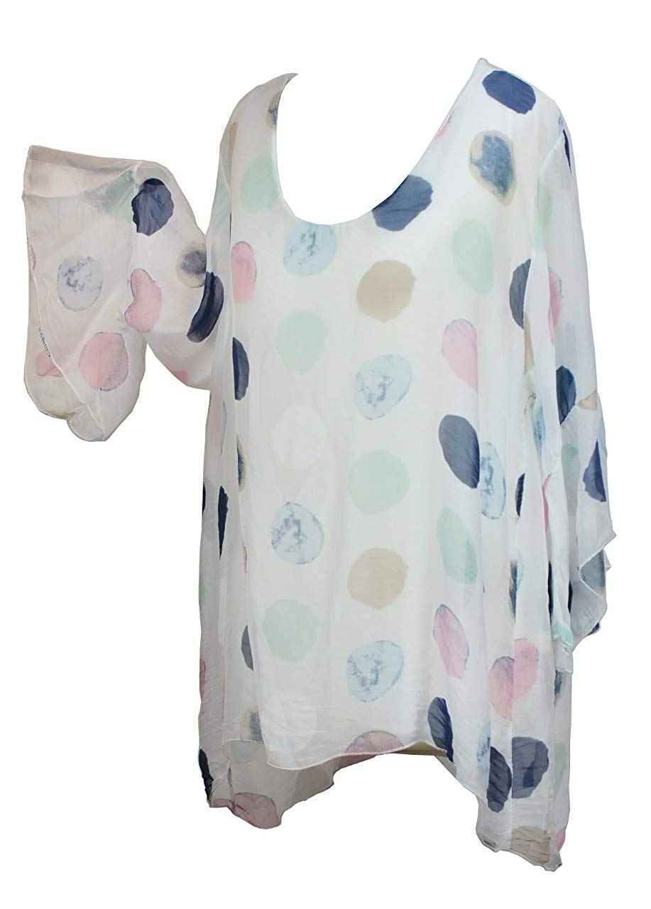 BZNA Seiden Tunika Weiß Bluse mit Punkten pünktchen Muster Seidentunika Trompeten Ärmel 36 40 42 one size Damen Dress Oberteil elegant