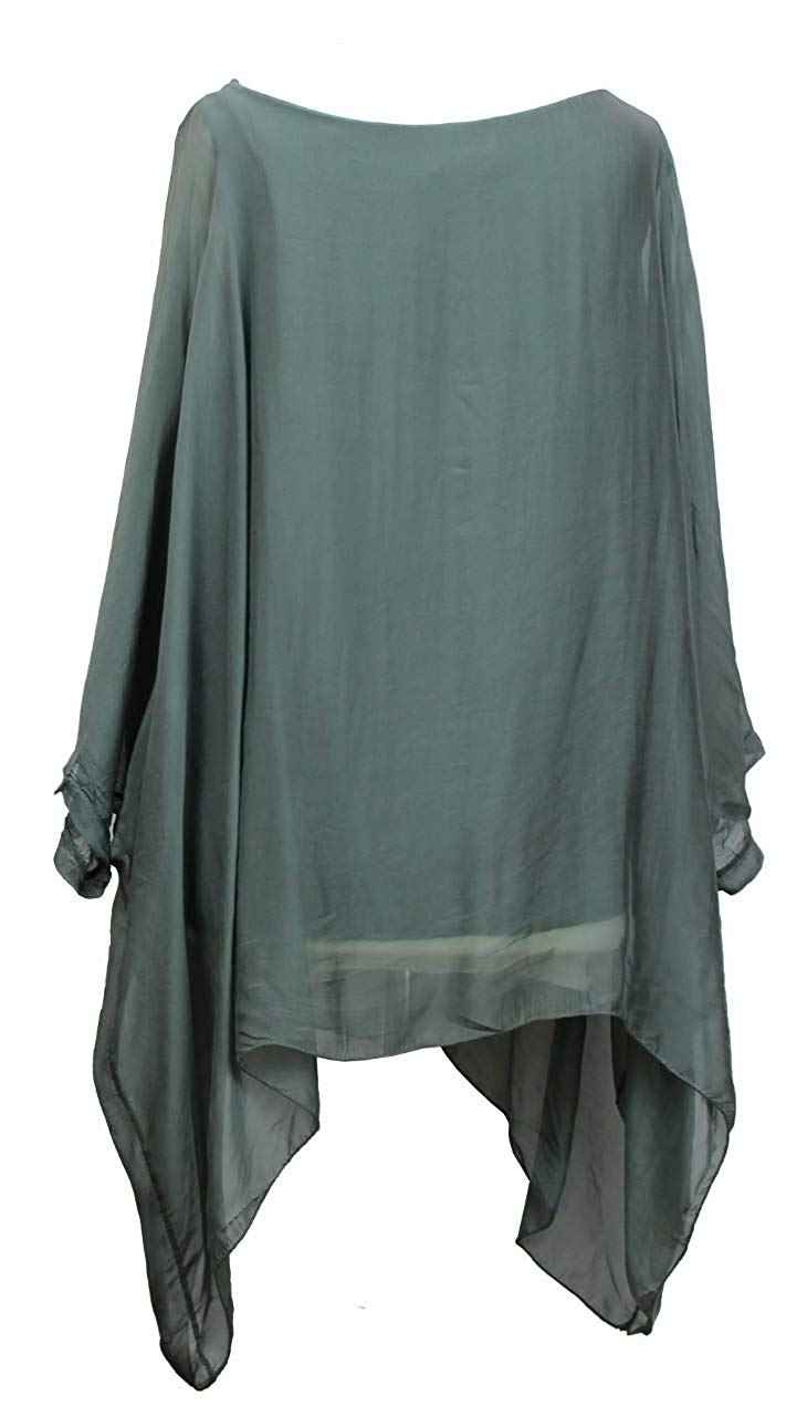 BZNA Seiden Tunika Verde Grün Bluse mit Punkten pünktchen Muster Seidentunika Fledermaus Ärmel 38 40 42 44 one size Damen Dress Oberteil elegant
