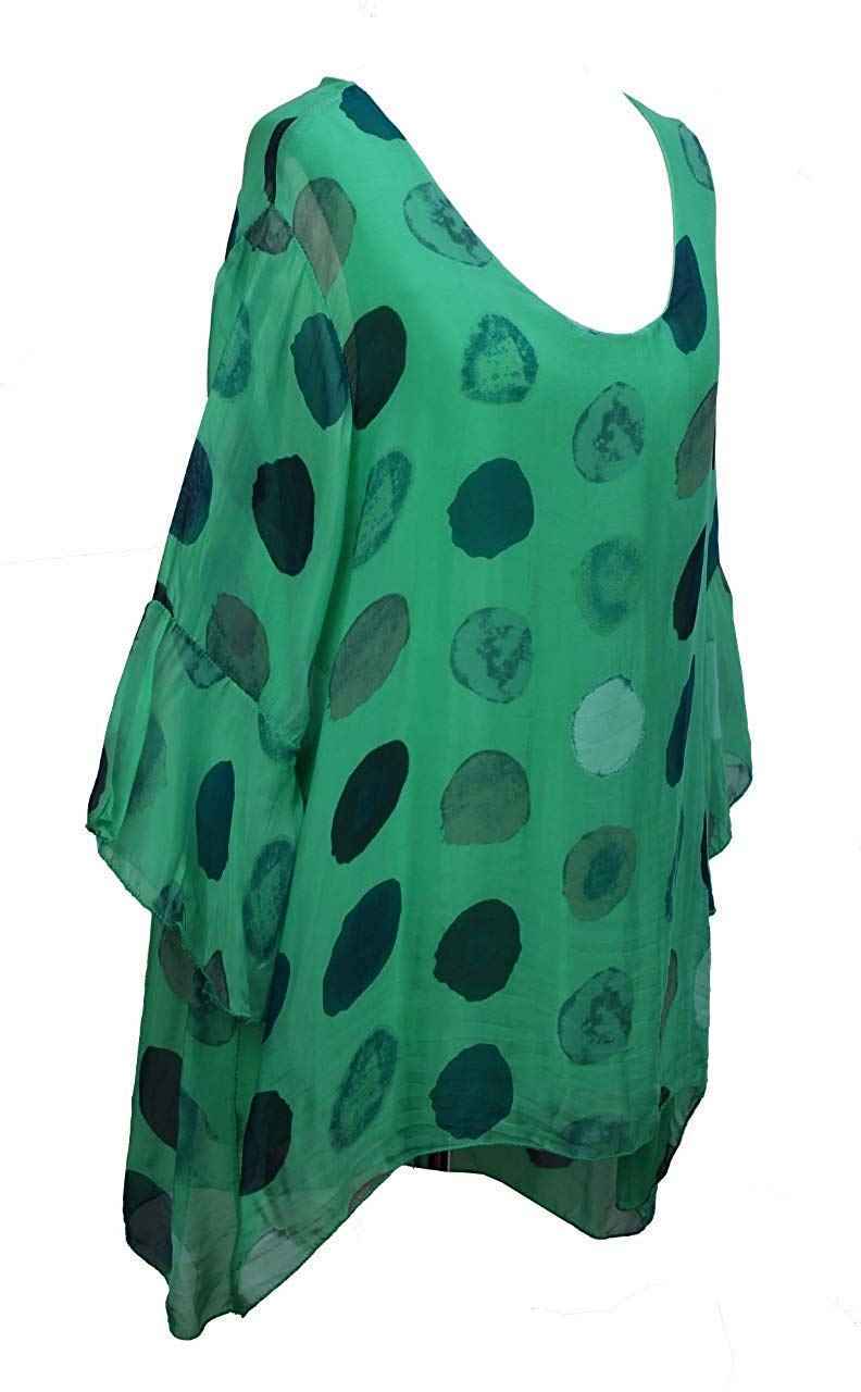 BZNA Seiden Tunika Grün Bluse mit Punkten pünktchen Muster Seidentunika Trompeten Ärmel 36 40 42 one size Damen Dress Oberteil elegant