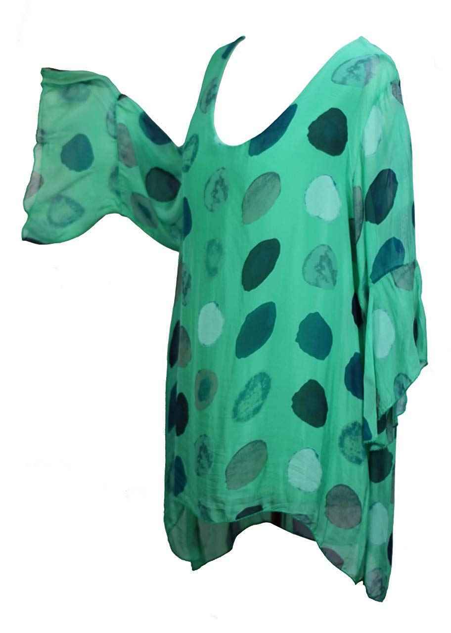 BZNA Seiden Tunika Grün Bluse mit Punkten pünktchen Muster Seidentunika Trompeten Ärmel 36 40 42 one size Damen Dress Oberteil elegant