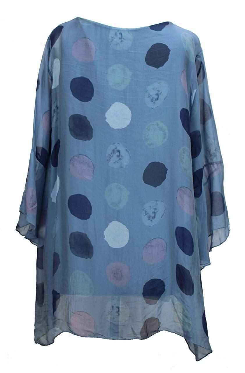 BZNA Seiden Tunika Blau Bluse mit Punkten pünktchen Muster Seidentunika Trompeten Ärmel 36 40 42 one size Damen Dress Oberteil elegant