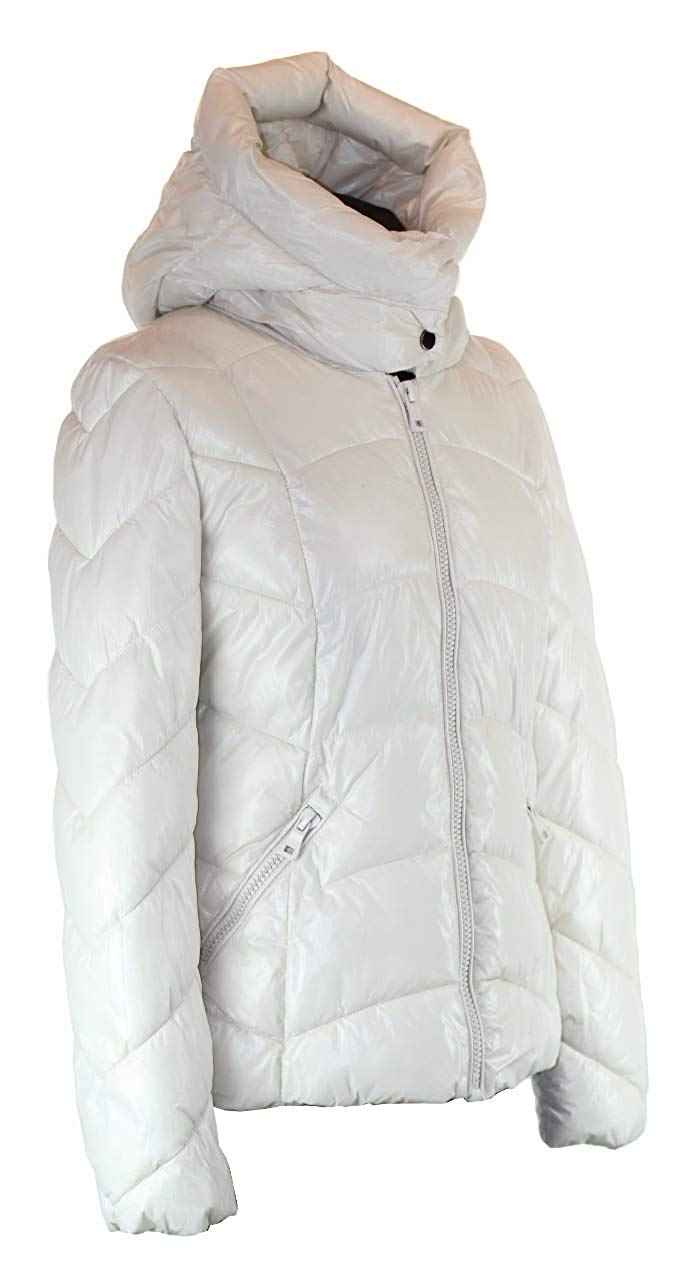 BZNA Weiß glänzend warm Größe: M/L Damen Kragen Kapuzenjacke gefüttert Winterjacke Parka Steppjacke mit Kapuze warm & Winddicht