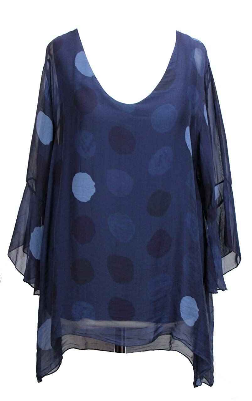 BZNA Seiden Tunika Dunkelblau Blau Bluse mit Punkten pünktchen Muster Seidentunika Trompeten Ärmel 36 40 42 one size Damen Dress Oberteil elegant