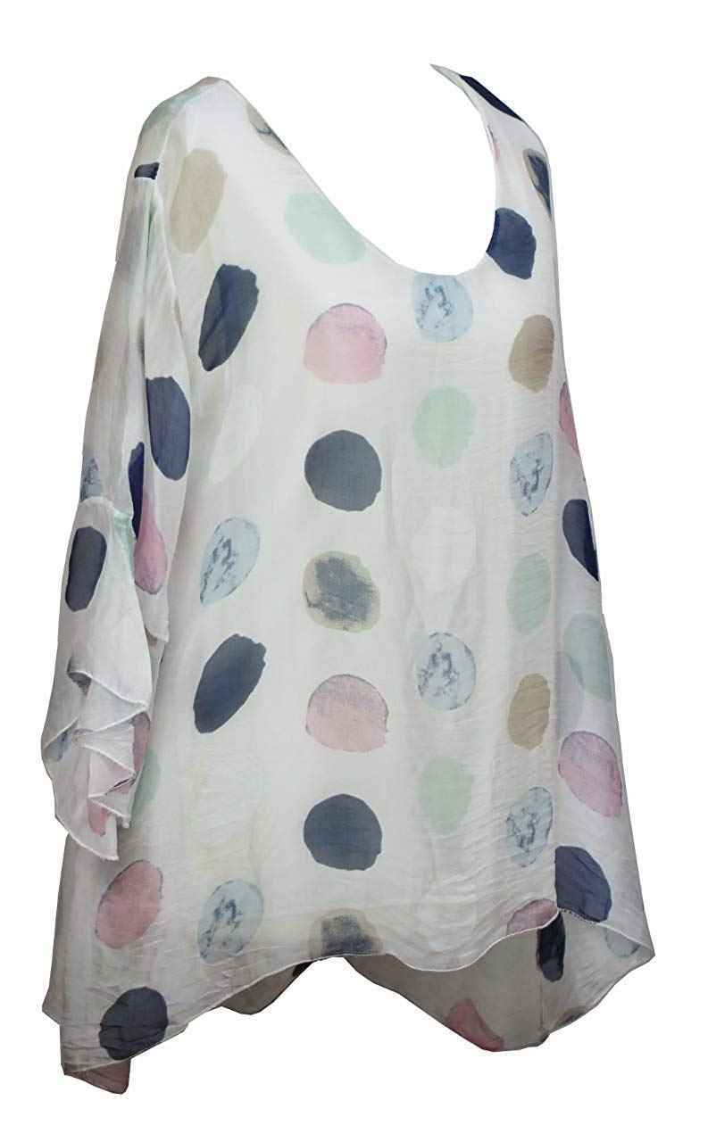 BZNA Seiden Tunika Weiß Bluse mit Punkten pünktchen Muster Seidentunika Trompeten Ärmel 36 40 42 one size Damen Dress Oberteil elegant