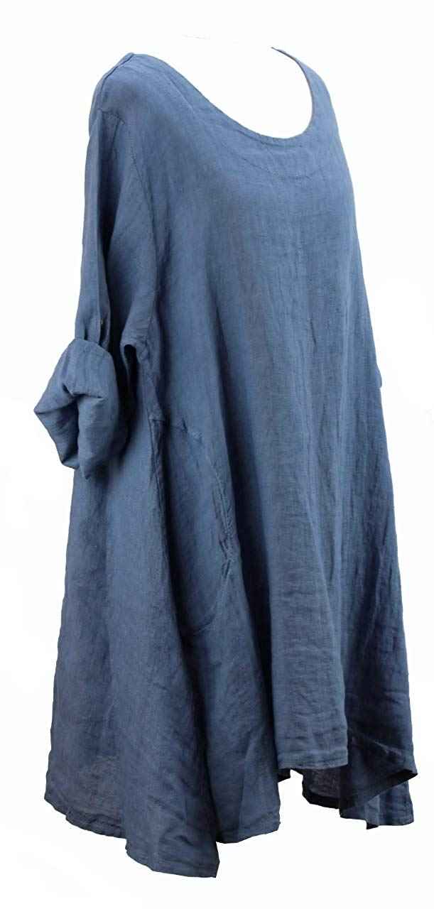 BZNA Leinen Tunika Jeans Blau Bluse Leinentunika Shirt 40 42 44 46 48 one size Damen Dress Oberteil elegant