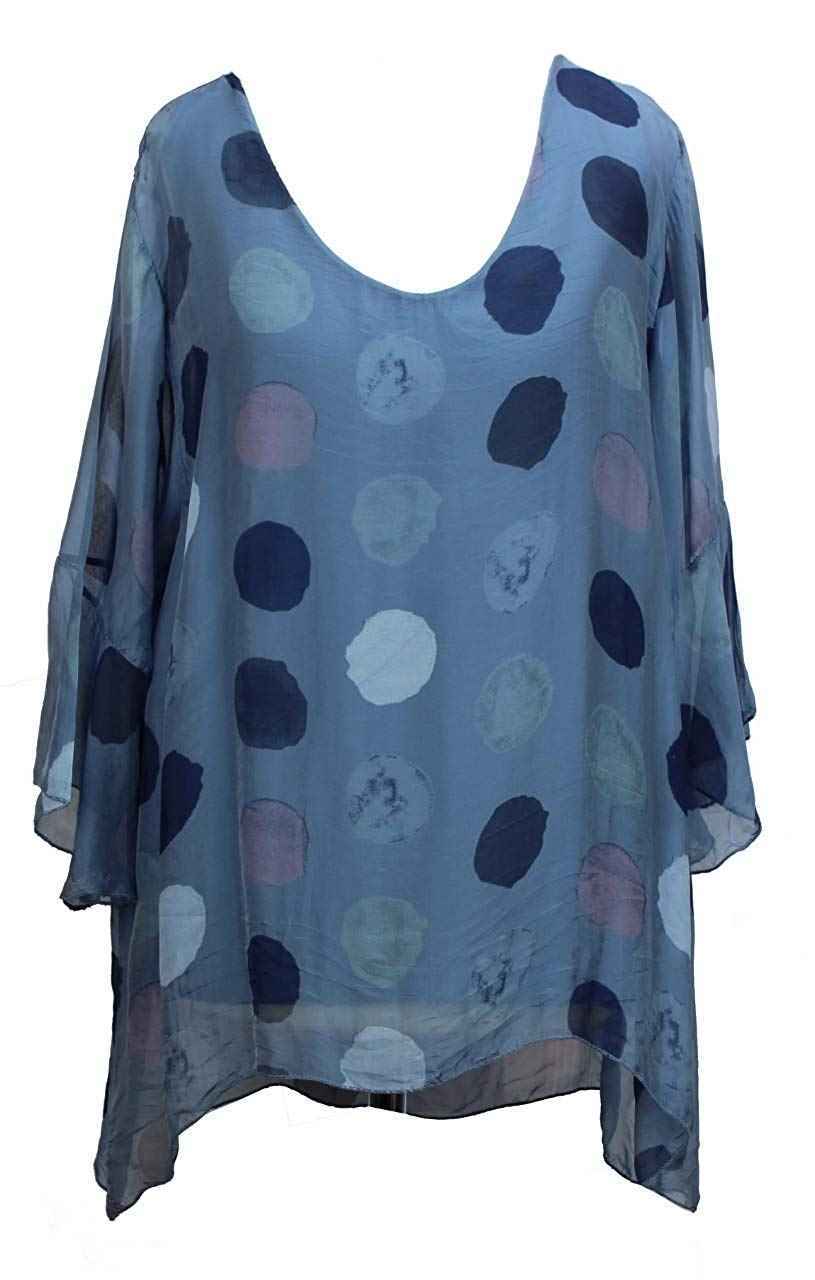BZNA Seiden Tunika Blau Bluse mit Punkten pünktchen Muster Seidentunika Trompeten Ärmel 36 40 42 one size Damen Dress Oberteil elegant