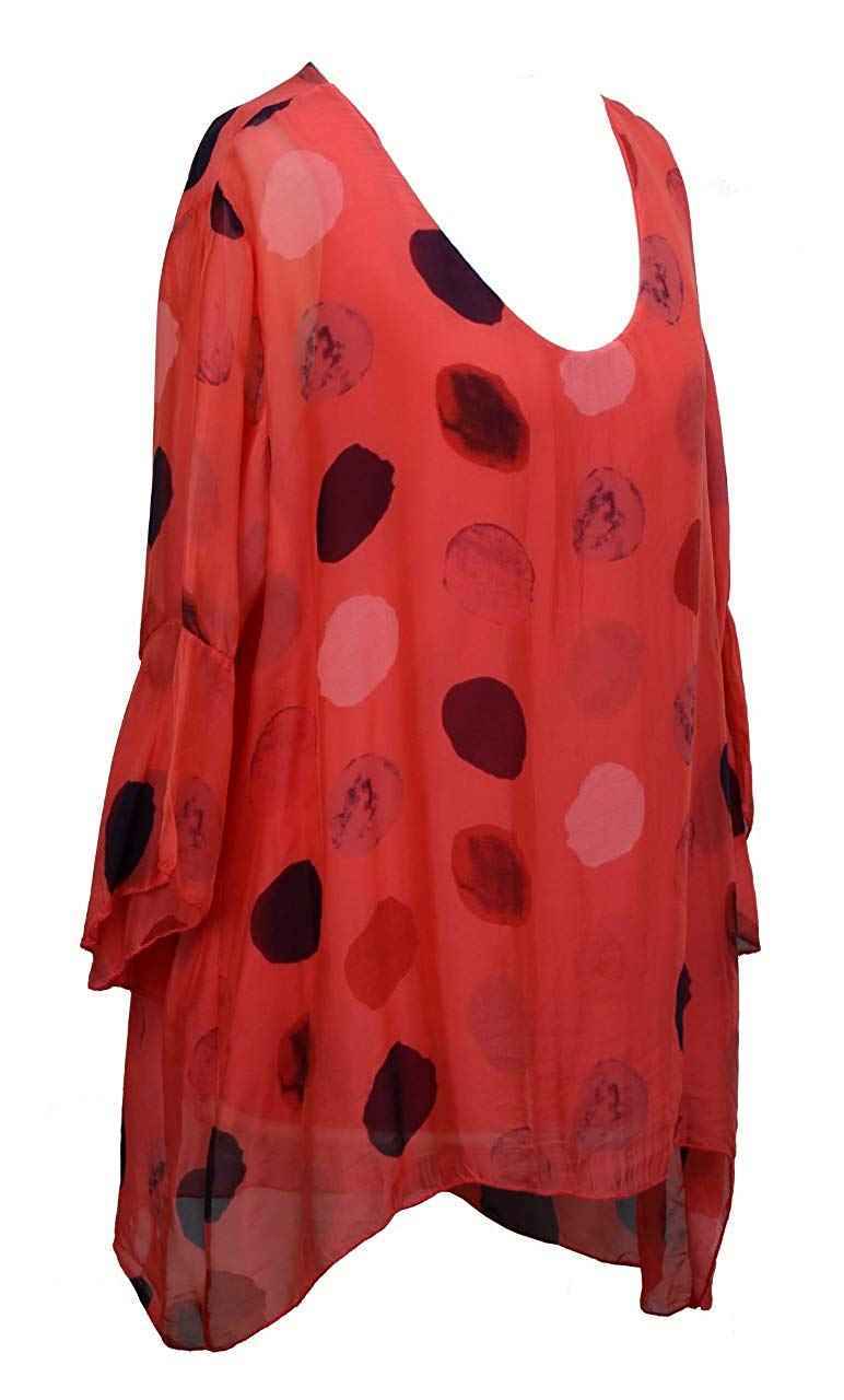 BZNA Seiden Tunika Aprikot Bluse mit Punkten pünktchen Muster Seidentunika Trompeten Ärmel 36 40 42 one size Damen Dress Oberteil elegant