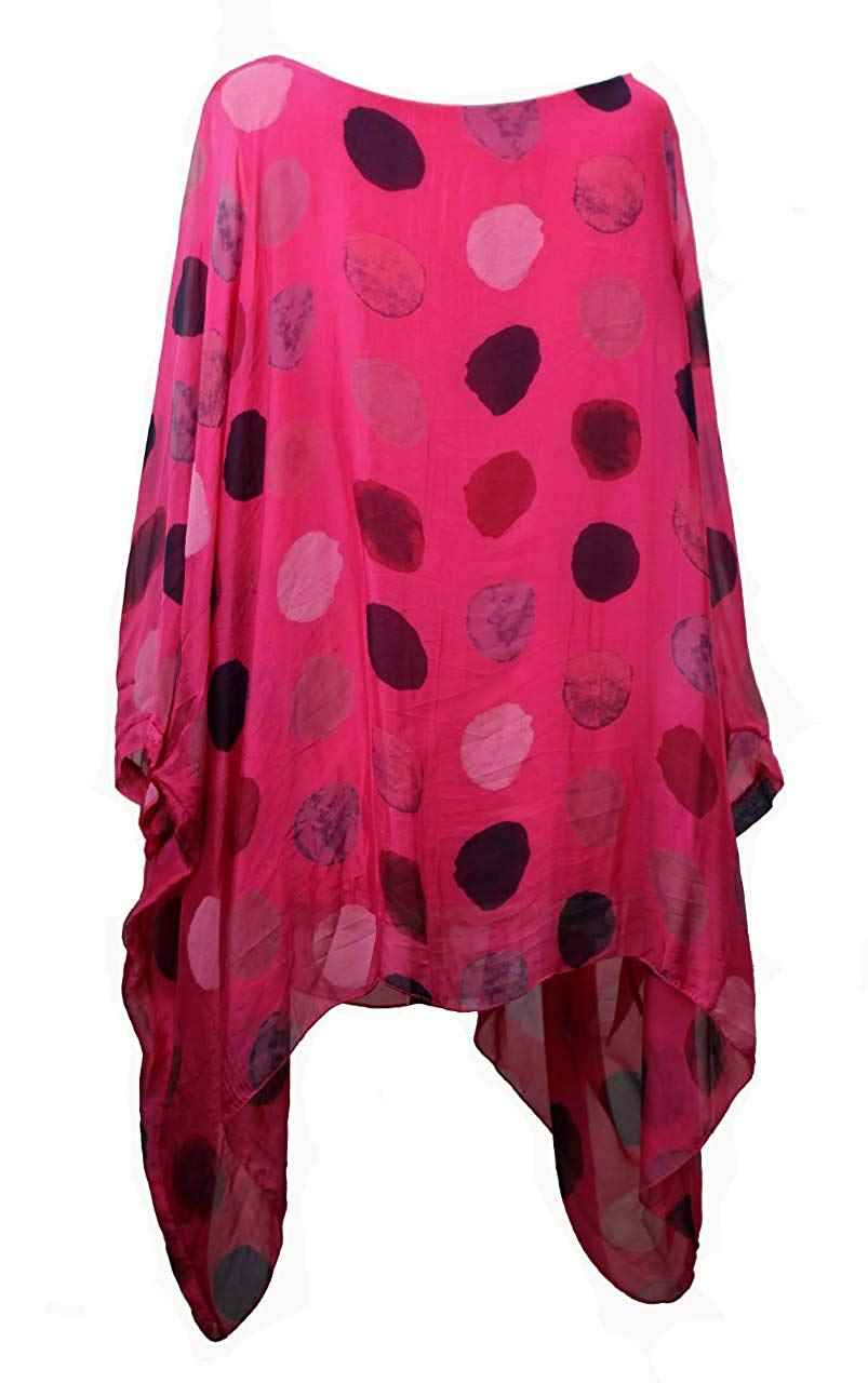 BZNA Seiden Tunika Fuxia Pink Bluse mit Punkten pünktchen Muster Seidentunika Fledermaus Ärmel 38 40 42 44 46 one size Damen Dress Oberteil elegant