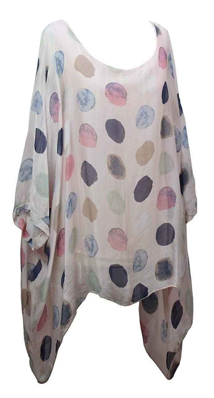 BZNA Seiden Tunika Rosa rose Bluse mit Punkten pünktchen Muster Seidentunika Fledermaus Ärmel 38 40 42 44 46 one size Damen Dress Oberteil elegant