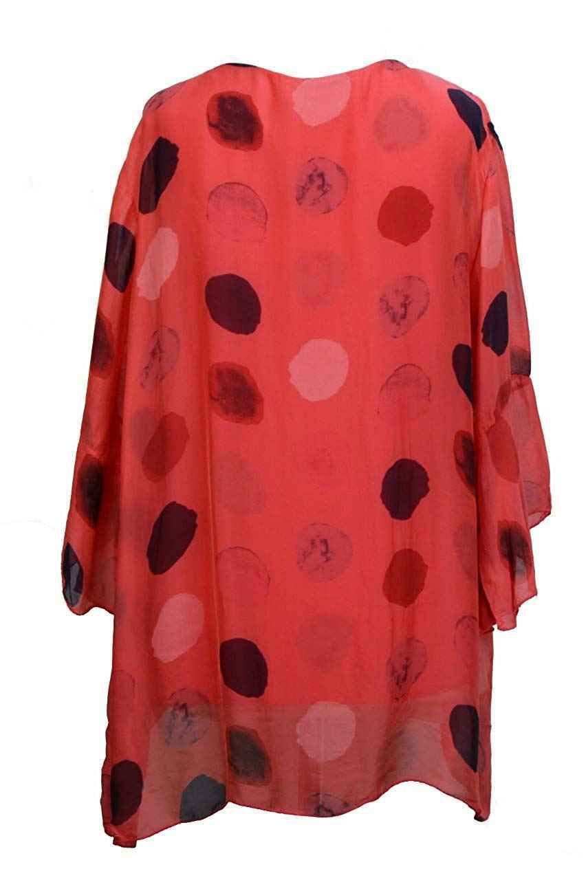 BZNA Seiden Tunika Aprikot Bluse mit Punkten pünktchen Muster Seidentunika Trompeten Ärmel 36 40 42 one size Damen Dress Oberteil elegant