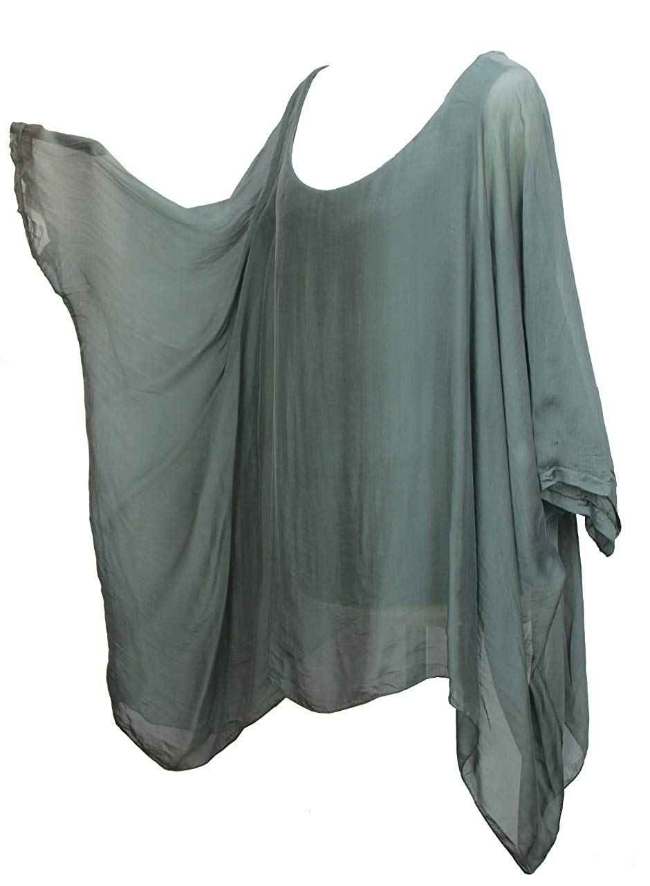 BZNA Seiden Tunika Verde Grün Bluse mit Punkten pünktchen Muster Seidentunika Fledermaus Ärmel 38 40 42 44 one size Damen Dress Oberteil elegant