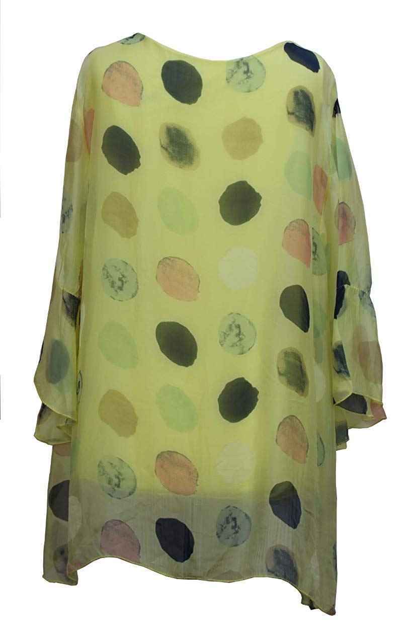 BZNA Seiden Tunika Gelb Bluse mit Punkten pünktchen Muster Seidentunika Trompeten Ärmel 36 40 42 one size Damen Dress Oberteil elegant