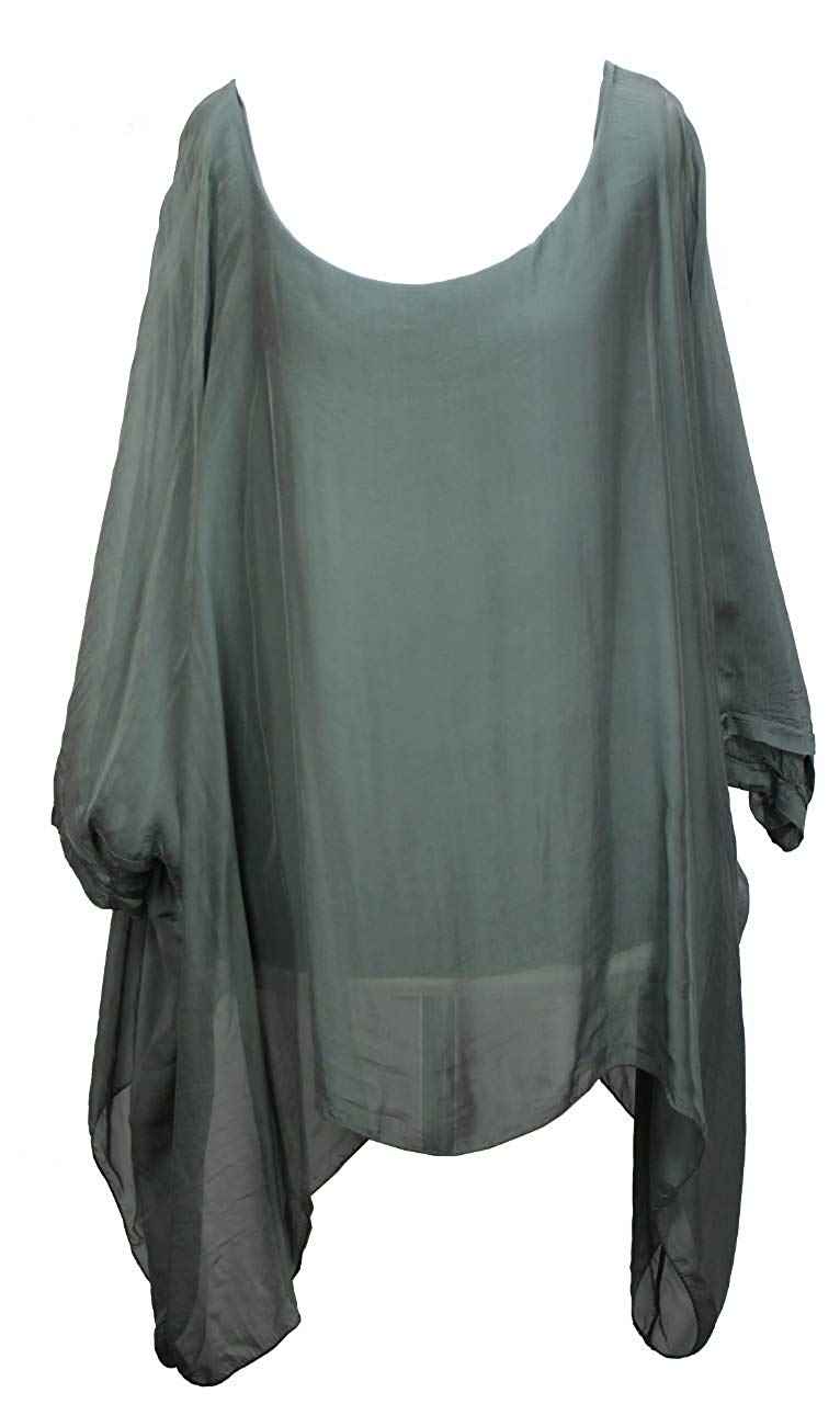 BZNA Seiden Tunika Verde Grün Bluse mit Punkten pünktchen Muster Seidentunika Fledermaus Ärmel 38 40 42 44 one size Damen Dress Oberteil elegant