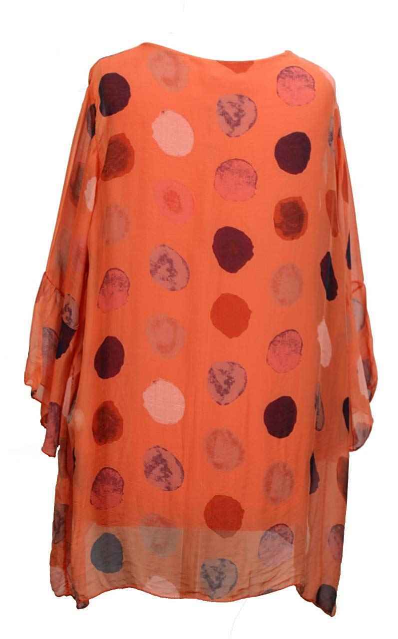 BZNA Seiden Tunika Orange Bluse mit Punkten pünktchen Muster Seidentunika Trompeten Ärmel 36 40 42 one size Damen Dress Oberteil elegant