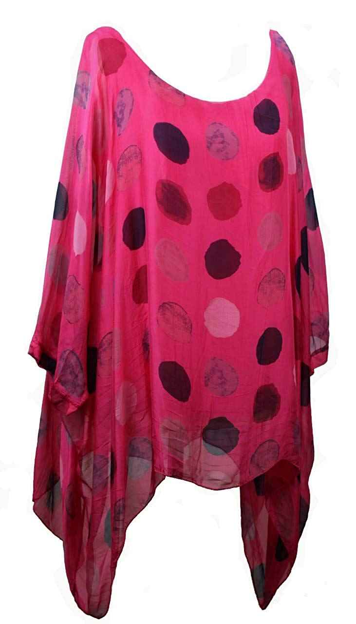 BZNA Seiden Tunika Fuxia Pink Bluse mit Punkten pünktchen Muster Seidentunika Fledermaus Ärmel 38 40 42 44 46 one size Damen Dress Oberteil elegant