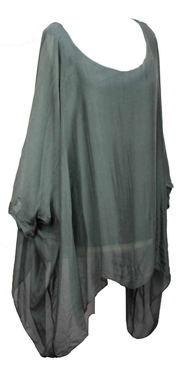 BZNA Seiden Tunika Verde Grün Bluse mit Punkten pünktchen Muster Seidentunika Fledermaus Ärmel 38 40 42 44 one size Damen Dress Oberteil elegant