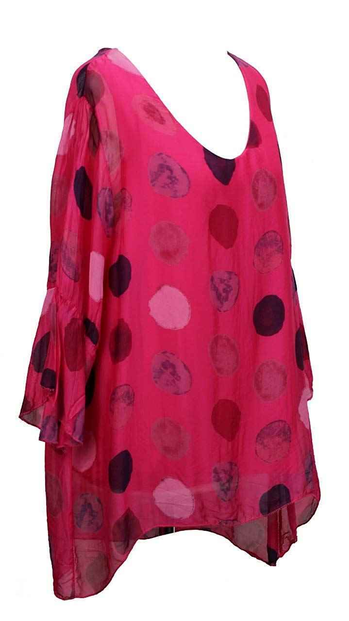 BZNA Seiden Tunika Fuxia Pink Bluse mit Punkten pünktchen Muster Seidentunika Trompeten Ärmel 36 40 42 one size Damen Dress Oberteil elegant