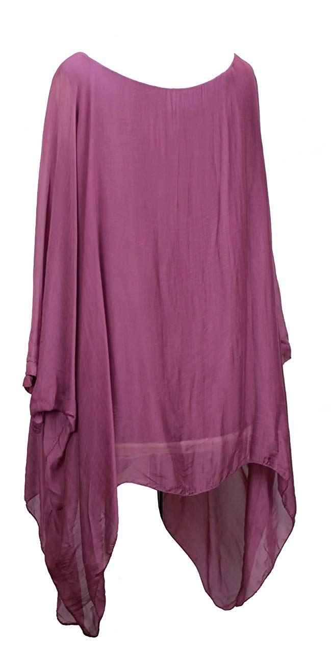 BZNA Seiden Tunika Flieder Bluse mit Punkten pünktchen Muster Seidentunika Fledermaus Ärmel 38 40 42 44 one size Damen Dress Oberteil elegant