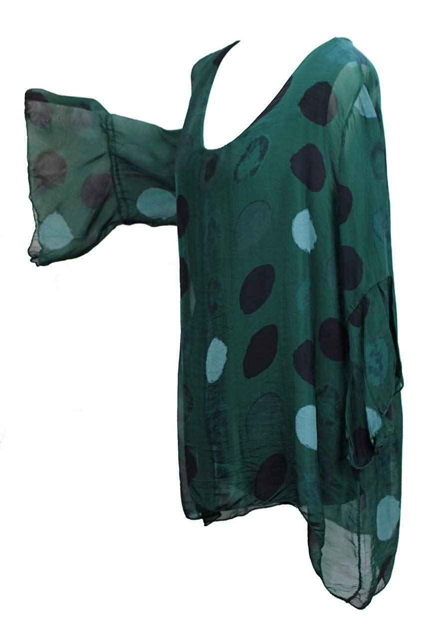 BZNA Seiden Tunika Dunkelgrün Grün Bluse mit Punkten pünktchen Muster Seidentunika Trompeten Ärmel 36 40 42 one size Damen Dress Oberteil elegant