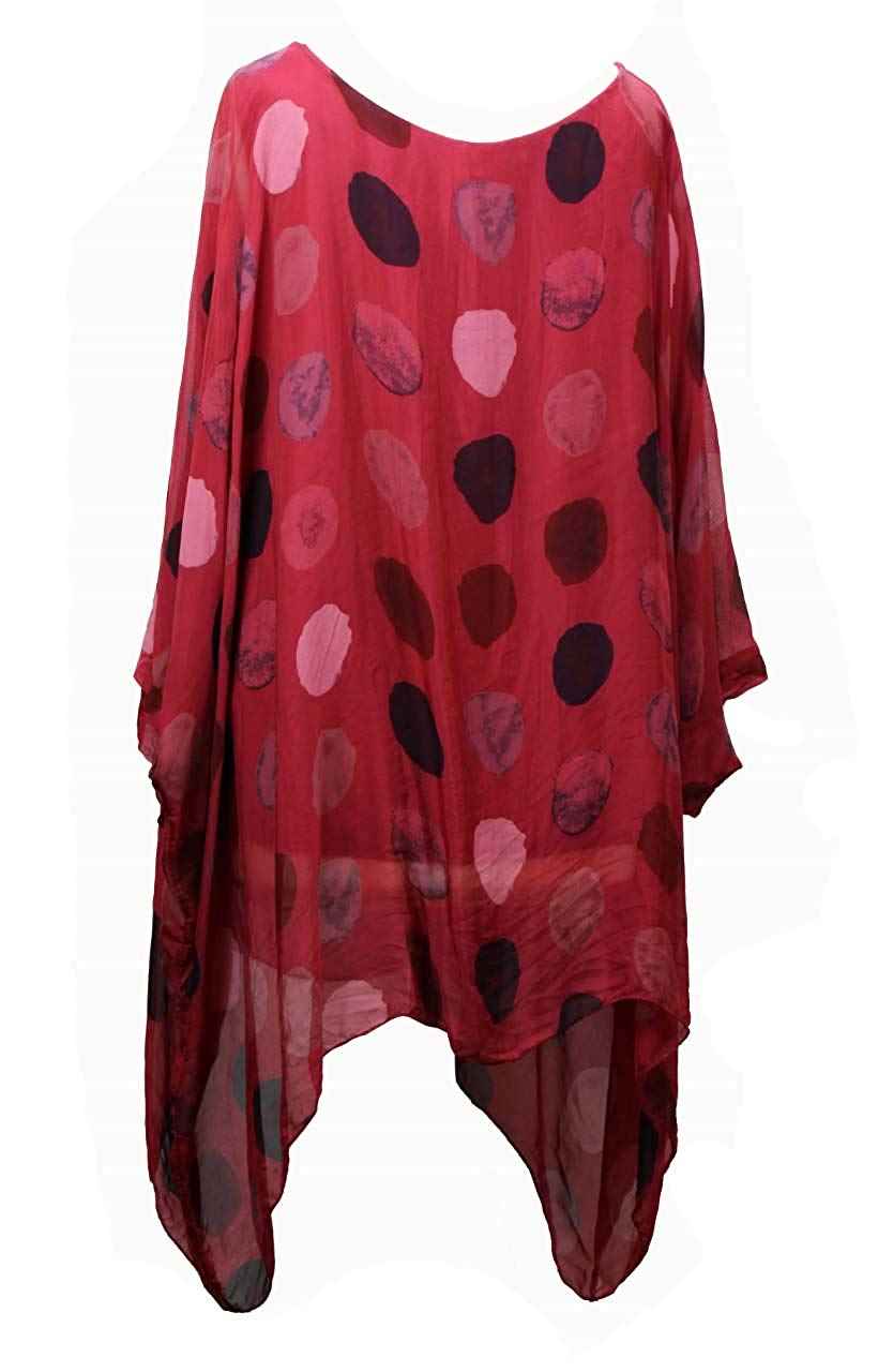 BZNA Seiden Tunika Rot Bluse mit Punkten pünktchen Muster Seidentunika Fledermaus Ärmel 38 40 42 44 46 one size Damen Dress Oberteil elegant