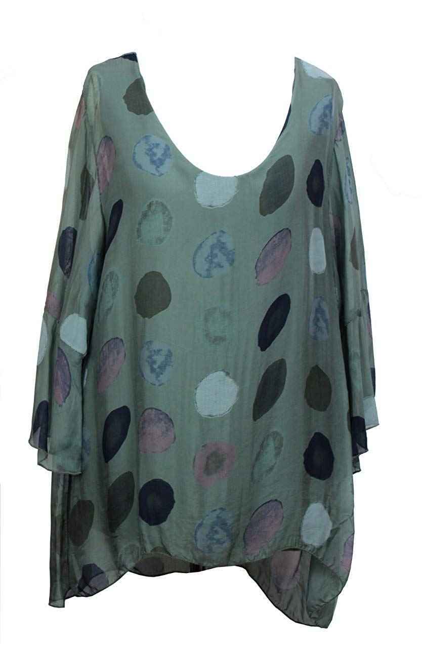 BZNA Seiden Tunika Verde Grün Bluse mit Punkten pünktchen Muster Seidentunika Trompeten Ärmel 36 40 42 one size Damen Dress Oberteil elegant