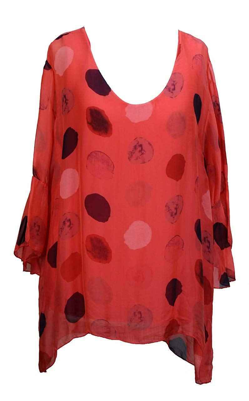 BZNA Seiden Tunika Aprikot Bluse mit Punkten pünktchen Muster Seidentunika Trompeten Ärmel 36 40 42 one size Damen Dress Oberteil elegant