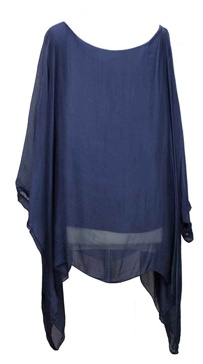 BZNA Seiden Tunika Mittelblau Blau Bluse mit Punkten pünktchen Muster Seidentunika Fledermaus Ärmel 38 40 42 44 one size Damen Dress Oberteil elegant