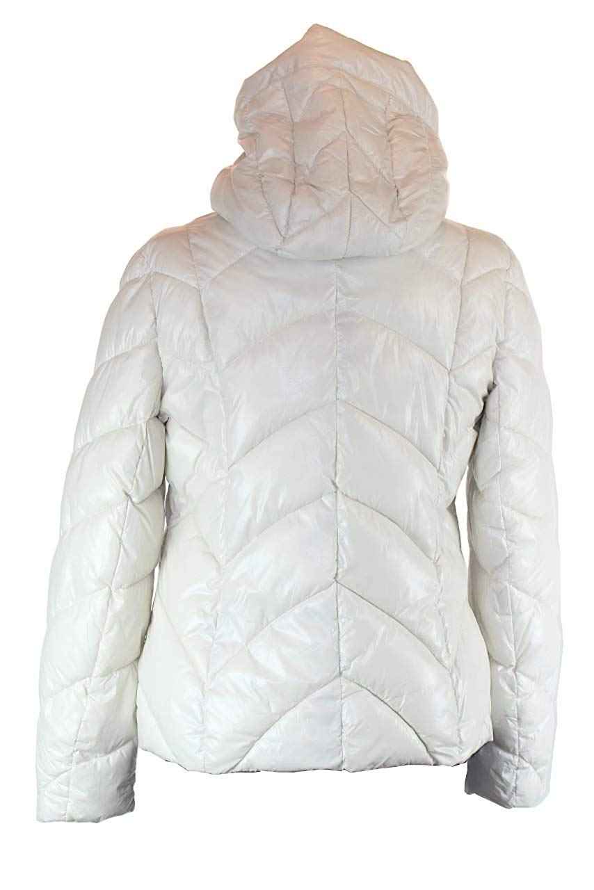 BZNA Weiß glänzend warm Größe: M/L Damen Kragen Kapuzenjacke gefüttert Winterjacke Parka Steppjacke mit Kapuze warm & Winddicht