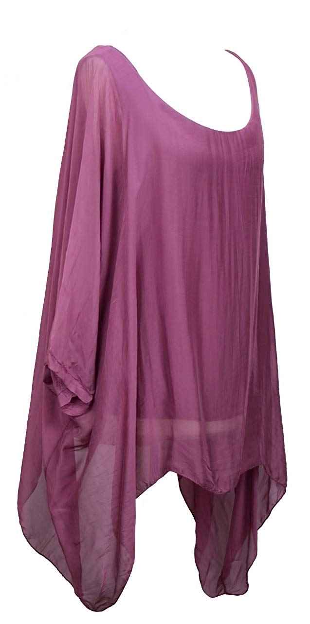 BZNA Seiden Tunika Flieder Bluse mit Punkten pünktchen Muster Seidentunika Fledermaus Ärmel 38 40 42 44 one size Damen Dress Oberteil elegant