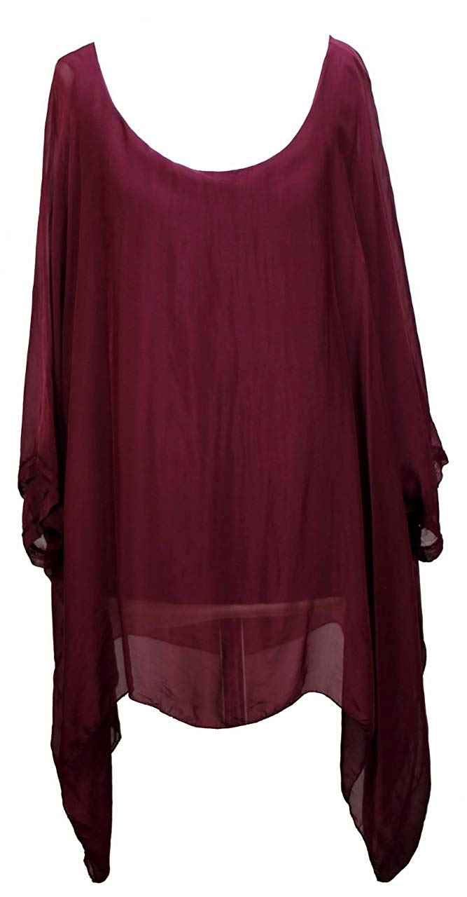 BZNA Seiden Tunika Weinrot Bluse mit Punkten pünktchen Muster Seidentunika Fledermaus Ärmel 38 40 42 44 one size Damen Dress Oberteil elegant
