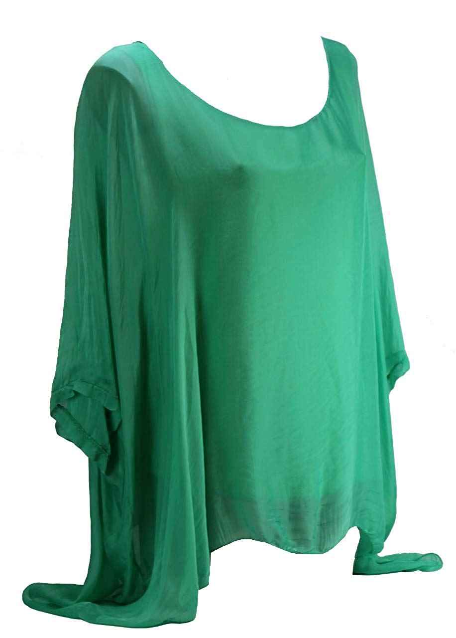 BZNA Seiden Tunika Grün Bluse mit Punkten pünktchen Muster Seidentunika Fledermaus Ärmel 38 40 42 44 one size Damen Dress Oberteil elegant
