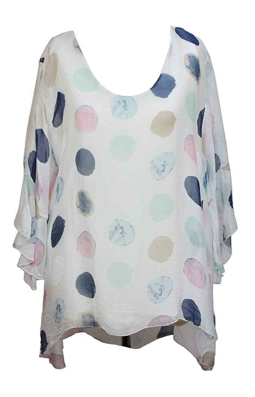 BZNA Seiden Tunika Weiß Bluse mit Punkten pünktchen Muster Seidentunika Trompeten Ärmel 36 40 42 one size Damen Dress Oberteil elegant