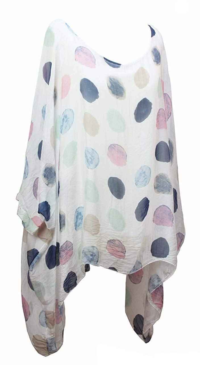 BZNA Seiden Tunika Weiß Bluse mit Punkten pünktchen Muster Seidentunika Fledermaus Ärmel 38 40 42 44 46 one size Damen Dress Oberteil elegant