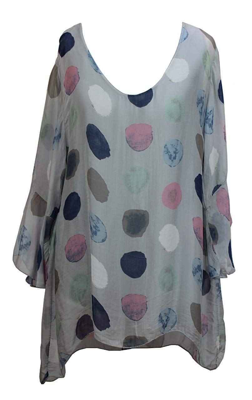 BZNA Seiden Tunika Hellgrau Grau Bluse mit Punkten pünktchen Muster Seidentunika Trompeten Ärmel 36 40 42 one size Damen Dress Oberteil elegant
